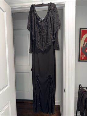 Vintage Black Beaded Off The Shoulder Gown with Sheer Beaded Overlay